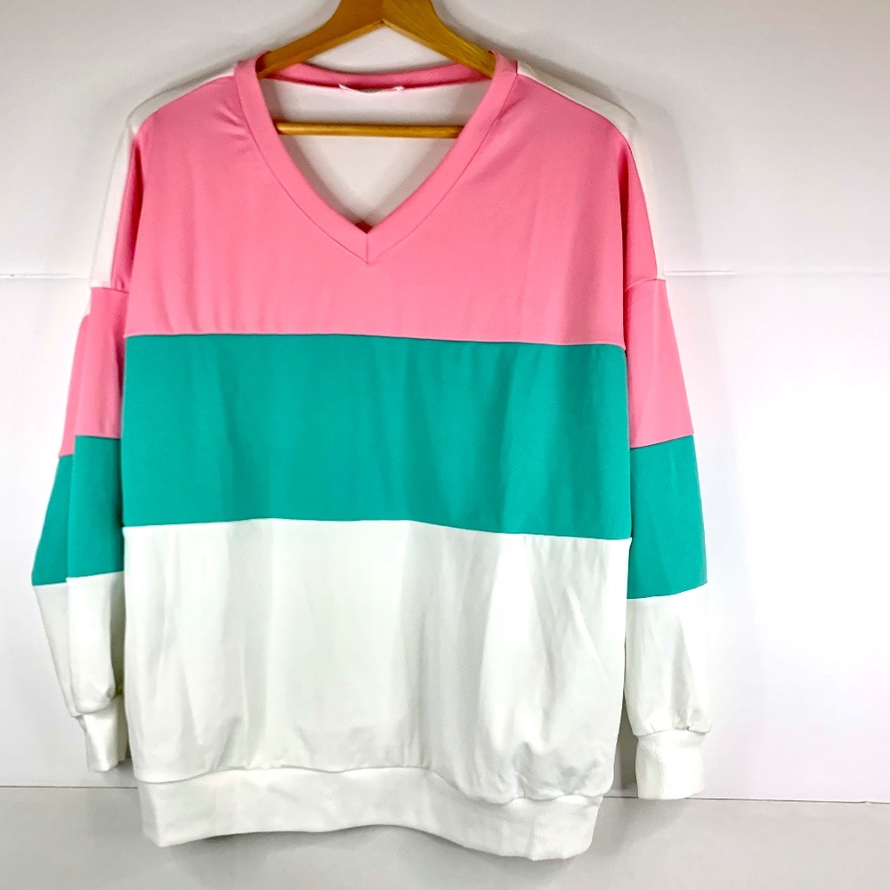 Ladies, color block, patchwork pink/green/white V-neck pullover sweatshirt